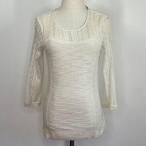 Knitted & Knotted Anthropologie Cream Sweater with Lace Sleeves and Open Knit Si